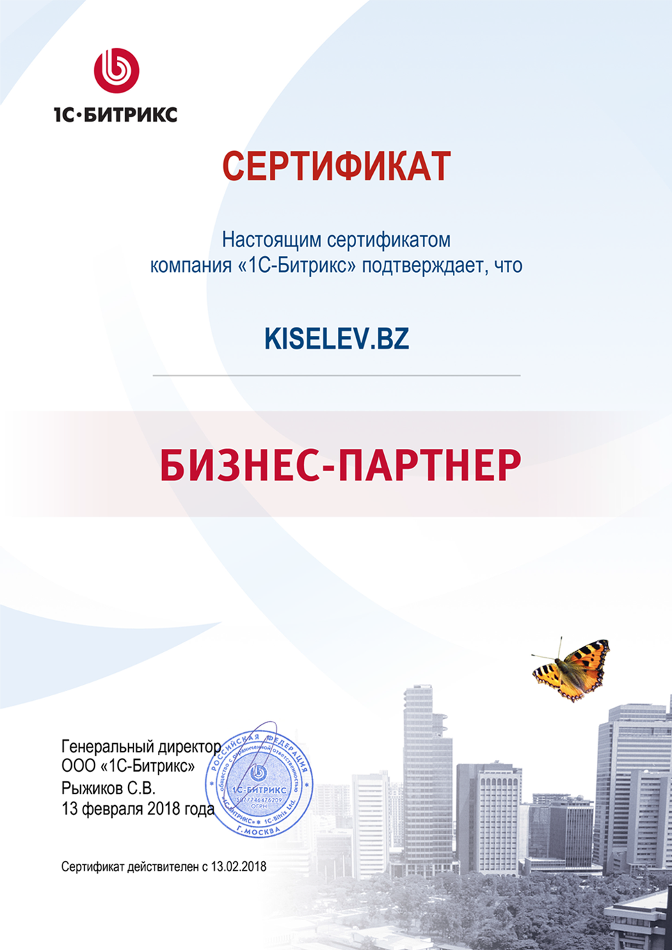 Сертификат партнёра по СРМ системам в Малмыже